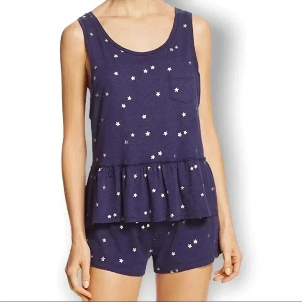 Splendid Intimates Sleep Women's Gold Star Print Ruffle Tank, Navy, Large